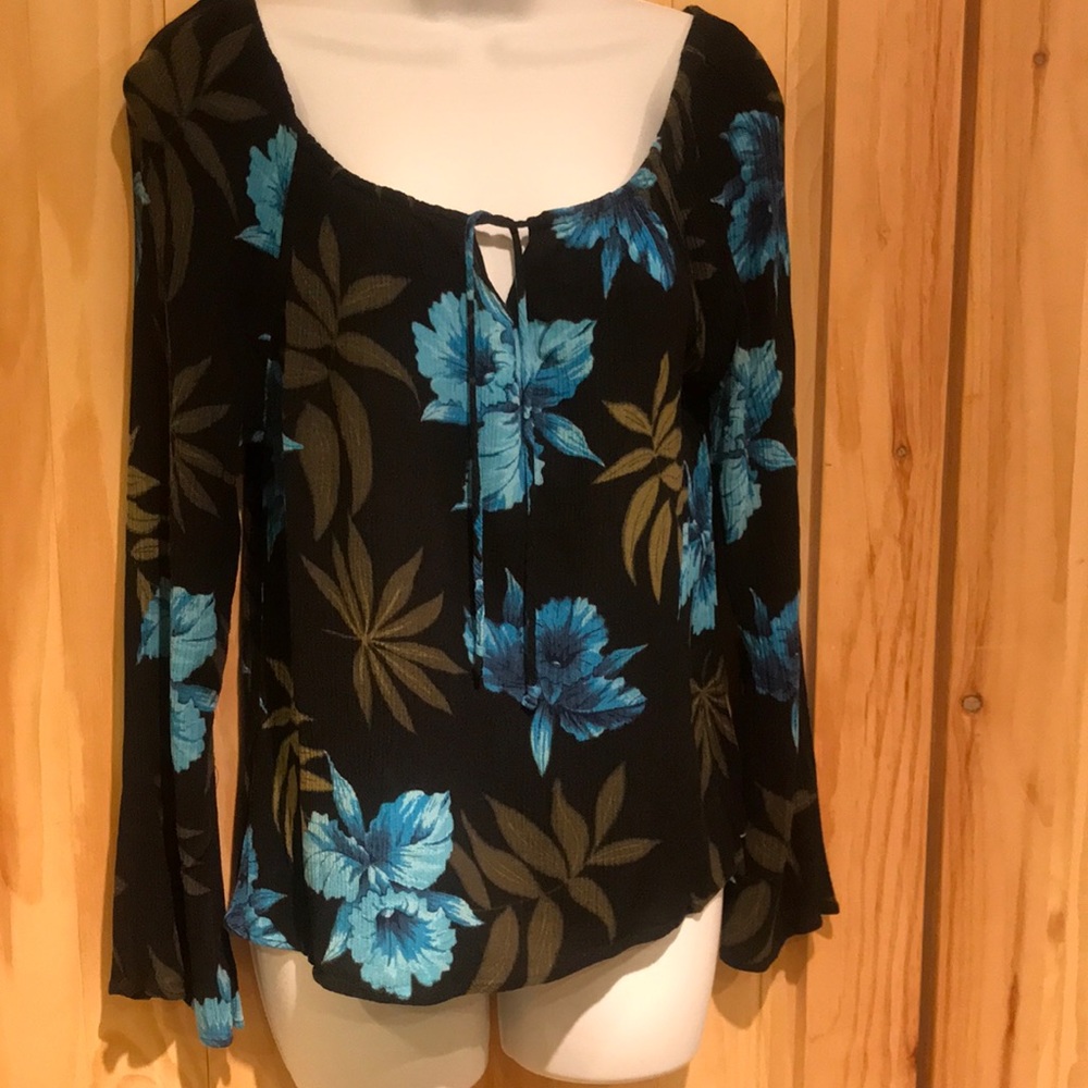 Pretty Hawaiian gauze blouse, blue and black, medium